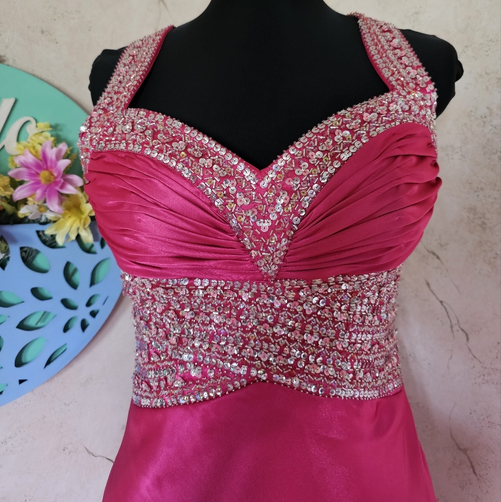 Fuchsia Beaded Sequin A-Line Evening Dress